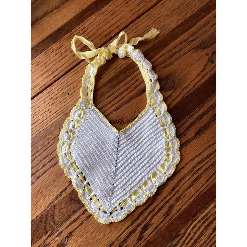 Handmade Vintage Crochet Baby Bib Yellow Ribbon Trim Infant Size Diamond Shape